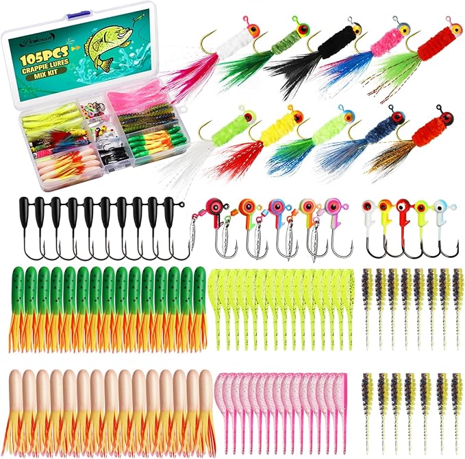 Dovesun Crappie Lures with Jig Heads Kit, Soft Plastic Grubs-Tube Baits 1/8oz 1/16oz 1/32oz Crappie Jigs Walleye Trout Bass Crappie Baits 95-120pcs