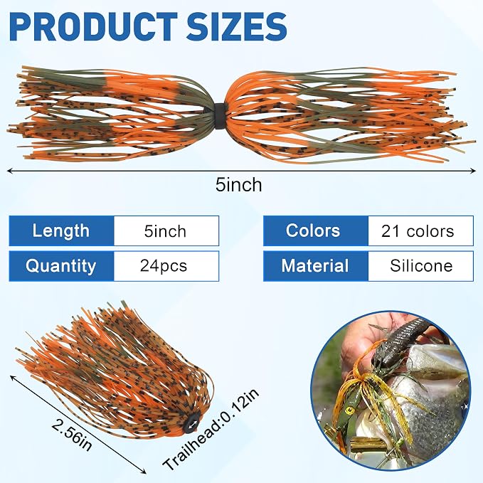 Silicone Jig Skirts Spinnerbait Skirts Replacement 12/24 Bundles DIY Bass Fishing Jigs Lure Skirts for Spinner Bait Buzzbaits Squid Jig Spoon Blade Fly Tying Material