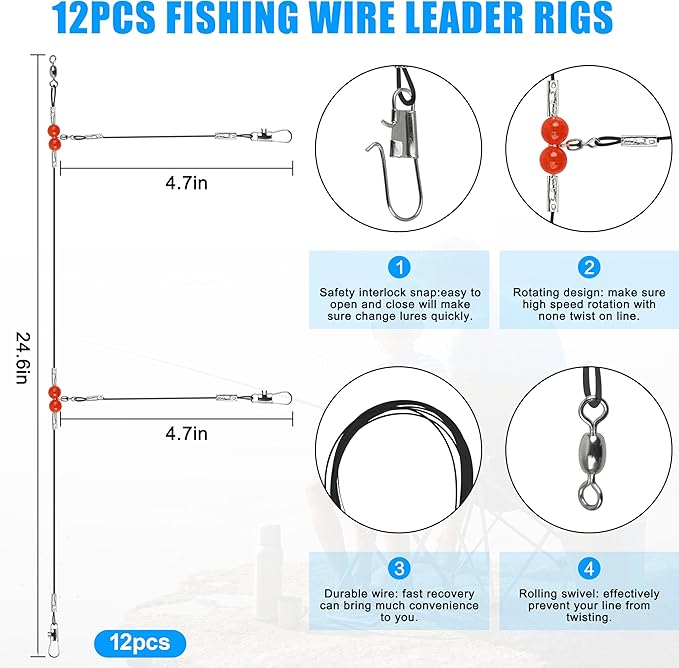 Saltwater Surf Fishing Tackle Kit - Saltwater Surf Fishing Rigs Bottom Rigs Include Fishing Leader Rigs Pyramid Sinkers Bass Casting Sinker Circle Hooks for Striped Bass Red Drum Flounder