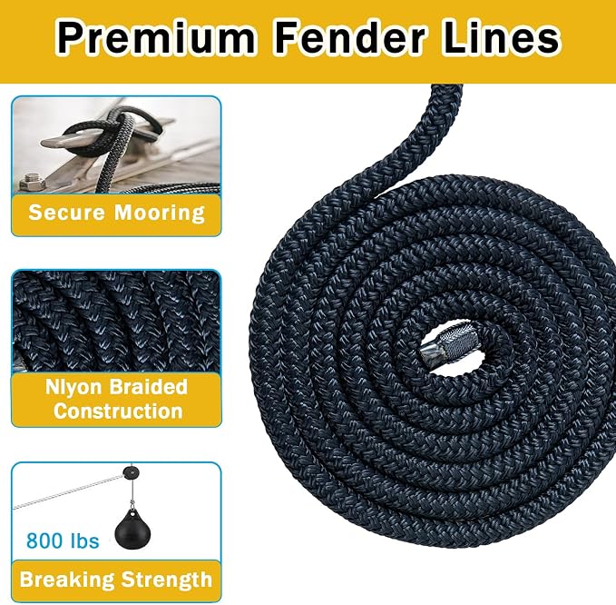 2 Pack 3/8'' x 6' Boat Fender Lines for Mooring, Docking Ties & Small Boat,Premium Marine- Grade Double Braided Nylon Boat Rope with a 5" Eyelet,Anti-Wear & Weather-Resistant-Navy Blue