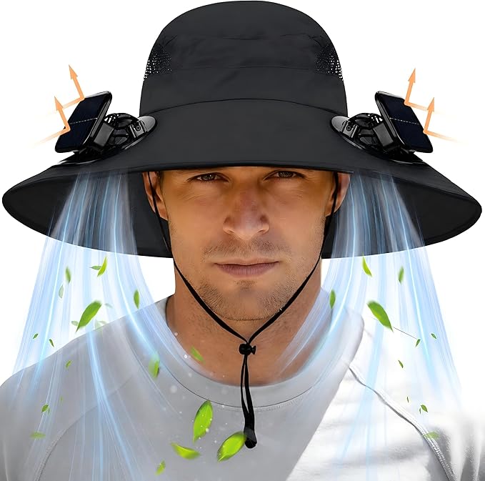 Wide Brim Sun Hat with 2 Solar Fans, UPF 50+, USB Charging for Fishing, Hiking, Beach | Solar Power Hat