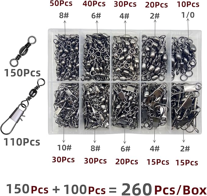 260Pcs/Box with Stainless Steel Fishing Barrel Swivels 150Pcs /Barrel Swivels with Snaps 110Pcs Mix,High Strength Connector for Quick Change Fishing Lure or Line Tackle Saltwater Freshwater