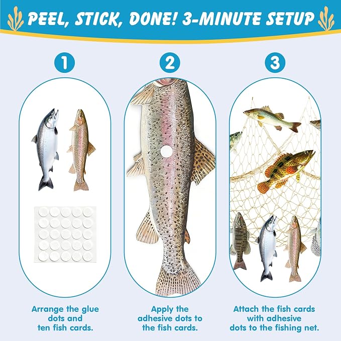 Gone Fishing Party Decorations Kit with Large Fishing Net & 10 Fake Fish Cutouts, Under The Sea Theme Wall Table Fish Decor for Avid Fisherman Birthday First Year Ocean Animal Photo Backdrop Supplies