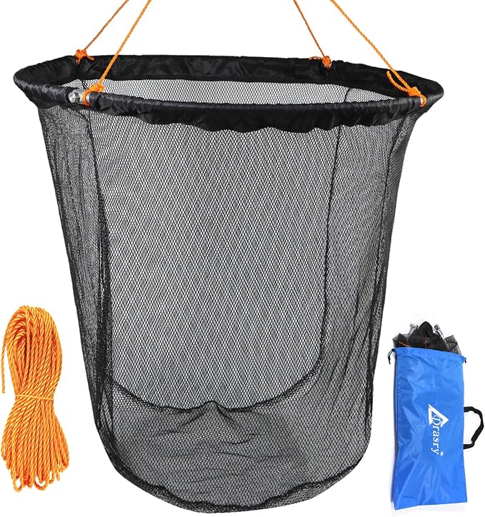 Drasry Foldable Bridge and Pier Fishing Landing Net - High Load-Bearing Aluminum Ring Drop Net for Saltwater Freshwater - Collapsible Basket With 49.2 FT Rope