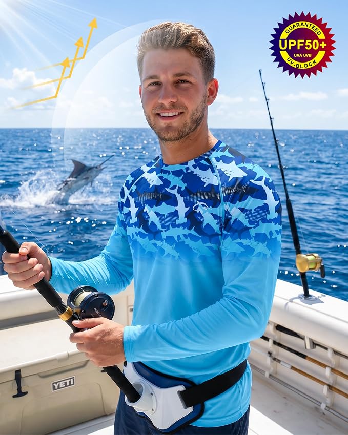 FISHEAL Men's Long Sleeve Fishing Shirts, UPF 50+ Camo Sun Protection Rash Guard, UV Shirt for Swimming Hunting Outdoor