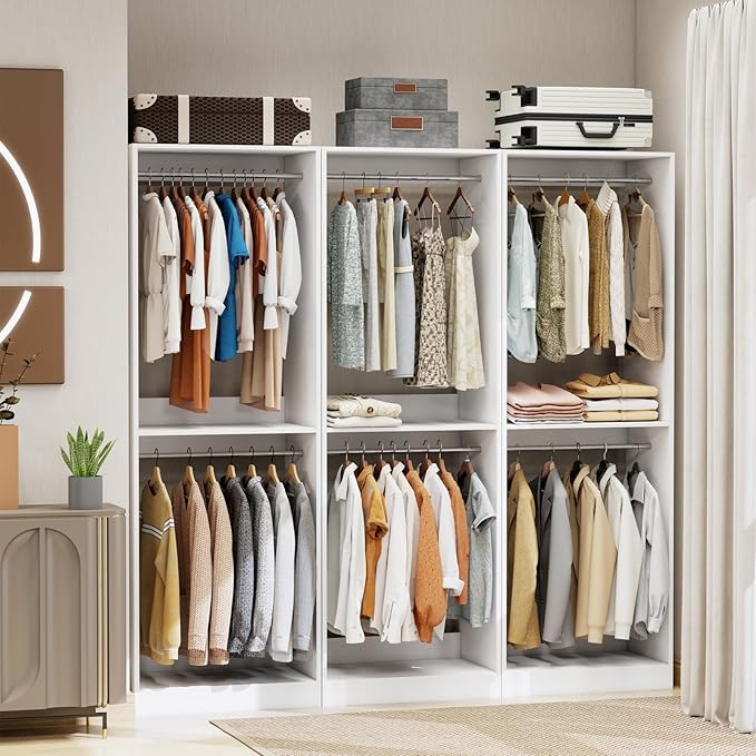 Closet System, 6FT Wood Closet Storage Organizer System with 9 Hanging Rods, 81" Tall Modular Closet System,Standalone Walk In Closet System,Set of 3, White