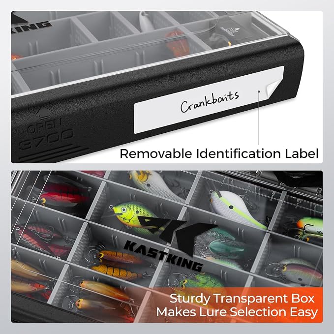 KastKing HyperSeal Waterproof Tackle Box, 3600 and 3700 Tackle Trays, Fishing Tackle Box Organizer with Removable Dividers, Lure Box and Terminal Tackle Storage,Black