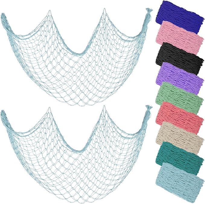 ZUEXT Fish Netting Decoration Light Blue 80x40 Inch, 2 Pack Large Picture Fish Net,Wall Photo Hanging Fishnet for Nautical Mermaid Pirate Ocean Theme Hawaii Beach Under The Sea Party Decoration