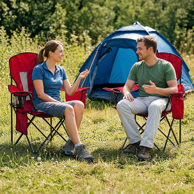 Camping Chairs for Adults 2 Pack, Folding Chair with 4-Can Cooler Bag & Cup Holder, Portable Heavy Duty Outdoor Chair for Camping, Beach, Lawn, Fishing, Red