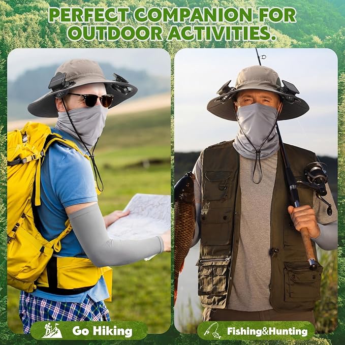 Syhood Solar Powered Fan Hat Neck Gaiter Arm Sleeves Sun Bucket Hat with Fan Cooling Wide Brim Hats for Fishing Hiking