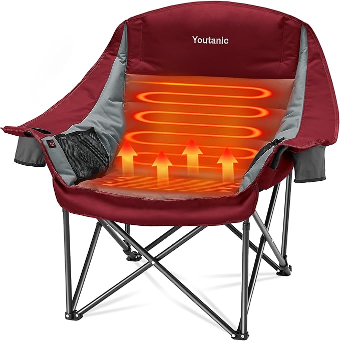 Youtanic Oversized Extra Large Heated Padded Camping Chair up to 500lbs, 3 Heat Levels Camp Chair with Carry Bag, Outdoor Heating Folding Chairs for Adults, Fishing, Sports, Picnic, Gray-Red