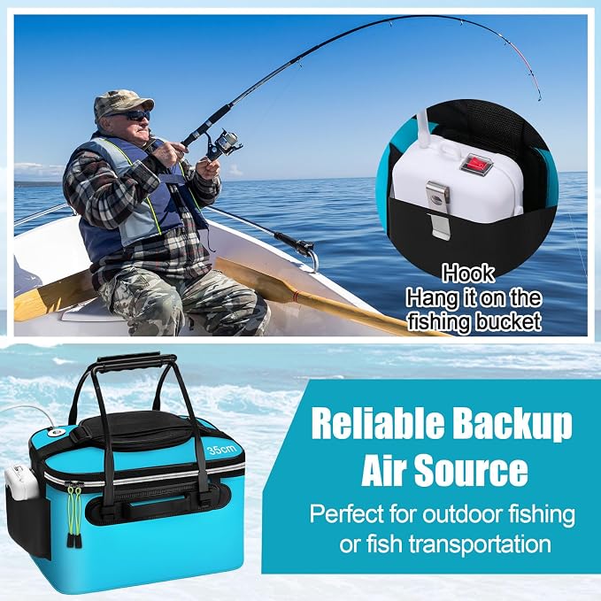 2 Pcs Fishing Bucket and Live Bait Aerator, Foldable Multi Functional Live Bucket Portable Quiet Aerator Outdoor Camping Fishing EVA Bag