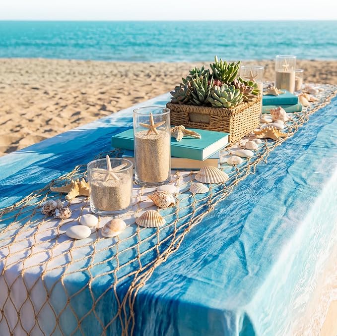 SATINIOR 6 Pcs Fish Net Party Decorations Fishing Net Table Runner 12x72'' Decorative Nautical Cotton Fishnet for Pirate Mermaid Hawaiian Ocean Beach Under the Sea Themed Party Decor (Linen)