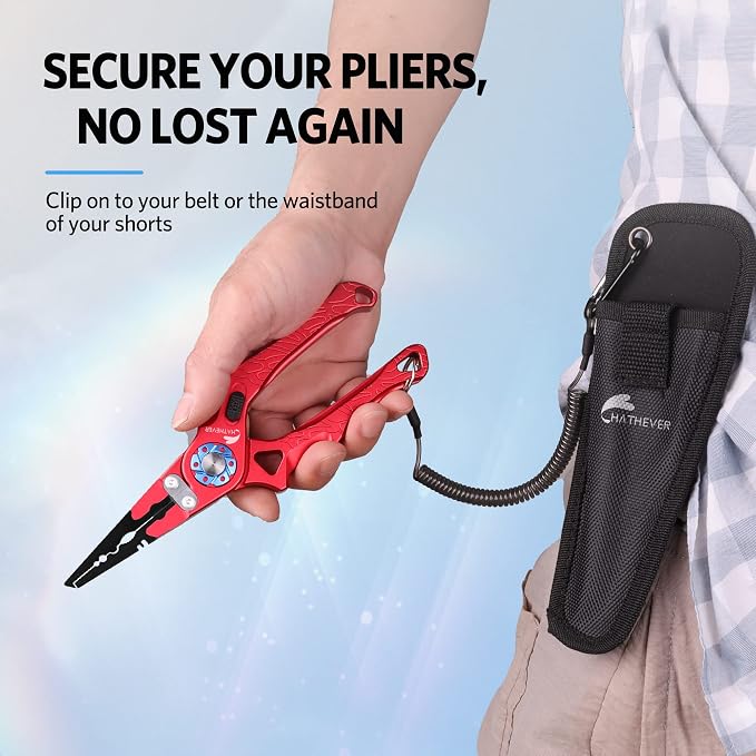 Saltwater Fishing Pliers, Split Ring Pliers for Fishing with Safety Lock, Fish Pliers with Sheath and Lanyard, Fishing Gifts for Men