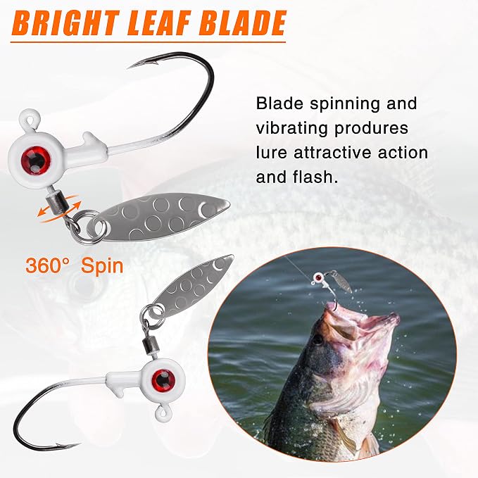 Crappie Jig Heads Fishing Lures Kit, 15pcs Underspin Jig Heads with Spinner Blade Crappie Lures Eye Ball Head Painted Fishing Jigs for Bass, Trout, Panfish, Sunfish