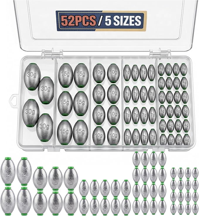5size 36pcs/52pcs Egg Weights Kit – Slip Sinkers Assortment 1/8oz–1oz, Options, Fishing Weights Smooth Plastic‑Lined Large Bore, Partitioned Tackle Box, Fishing Weights for Shore & Boat