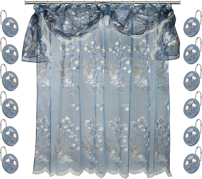 Zahari Home 13pc Capri Bathroom Sheer Shower Curtain Sets & 12 Hooks - Modern Classic Luxury Contemporary Decor Blue Shower Curtain Stylish Bath Sets