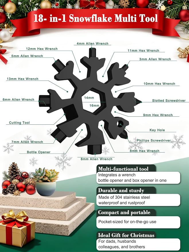 ZONICE 18-in-1 Snowflake Multi Tool – Stainless Steel with Bottle Opener & Wrench,Compact EDC Tool for Camping,Fishing,Hiking, Stocking Stuffers,Gifts for Men,Dad,Husband (Silver + Black)
