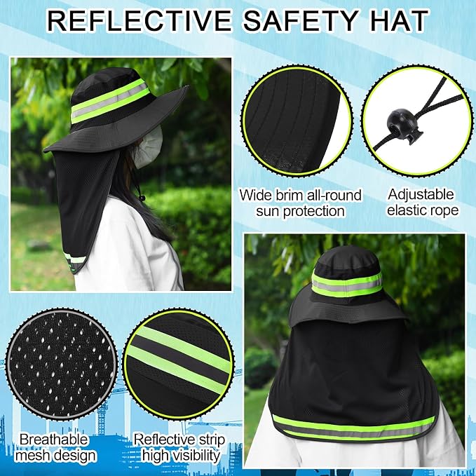 6 Pcs Reflective Safety Hat High Visibility Neck Flap Boonie Hat Wide Brim Work Hats Breathable Bucket Cap for Worker