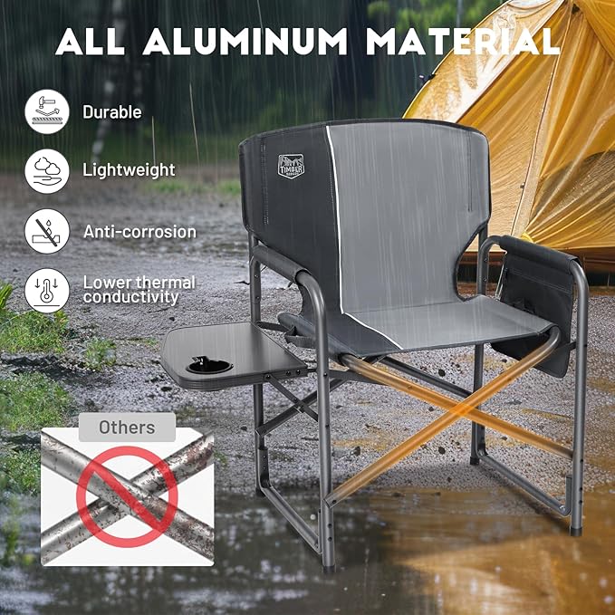 Timber Ridge Aluminum Oversized Camping Chair, Lightweight Portable Directors Chair with Side Table Detachable Side Pocket for Outdoor Camping, Lawn, Picnic, Support 400lbs Gray