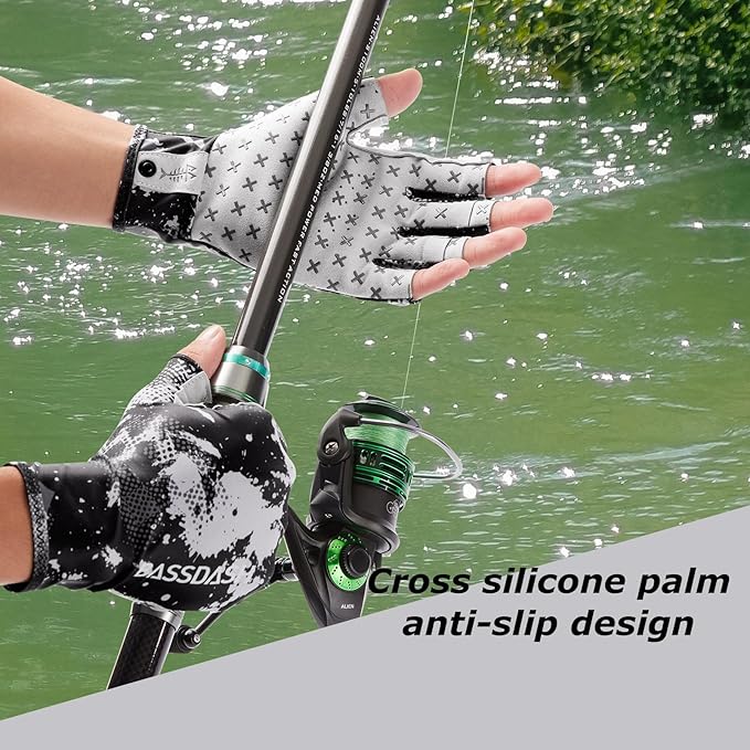 BASSDASH 3/4 Finger UPF 50+ Sun Gloves Breathable Anti-Slip Silicone Palm for Men Women Fishing Fingerless Cycling Running