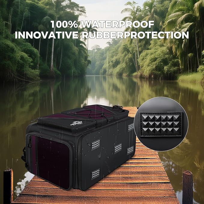 Handor Waterproof Fishing Tackle Bag, Large Saltwater Resistant Storage, 1000D PVC Material, Holds 3600 3700 Trays (Black and Purple, Large Bag)