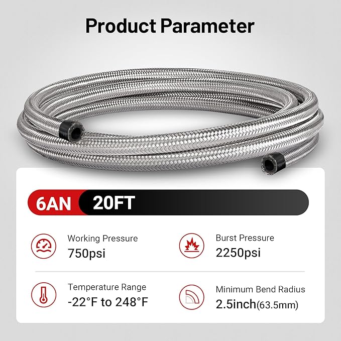 EVIL ENERGY 6AN Fuel Line, AN6 Braided Fuel Hose Nylon CPE 20FT Silver