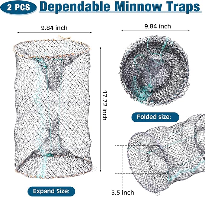 6 Pcs Fishing Net Trap Portable Folded, Crab Trap Minnow Trap, Fishing Landing Net with Telescoping Pole Handle, Casting Net Bait Trap with Heavy Duty Sinker and Storage Bucket