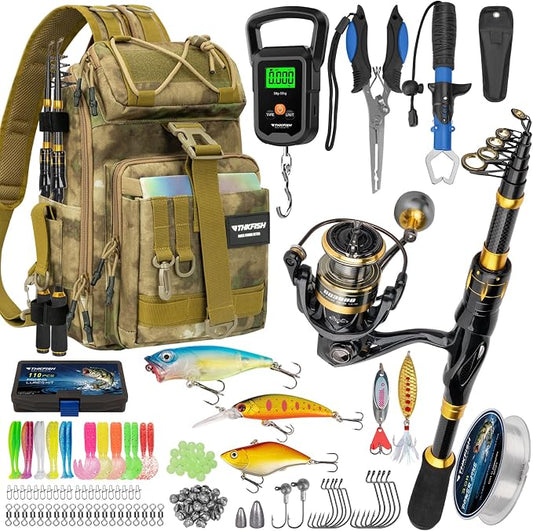 THKFISH Telescoping Fishing Rod and Reel Combo with Backpack, Carbon Fiber Travel Fishing Pole Spinning Reel Kit with Fishing Lures, Fishing Tools Kit for Men