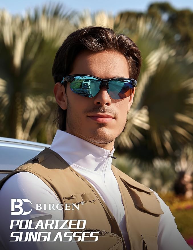 BIRCEN Mens Polarized Sunglasses for Sports: TR90 Lightweight Sun Glasses Wrap Around Shades for Fishing Driving Cycling
