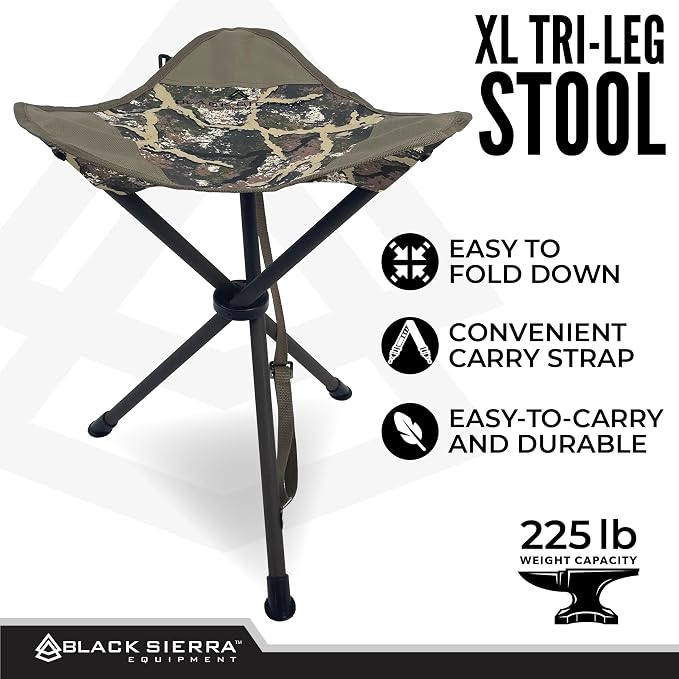 Black Sierra Folding Hunting Stool with Shoulder Strap, Lightweight Collapsible Tripod Seat, Steel Frame Supports 225 lbs, Portable Foldable Chair for Hunting Blind, Fishing, Hiking, Travel