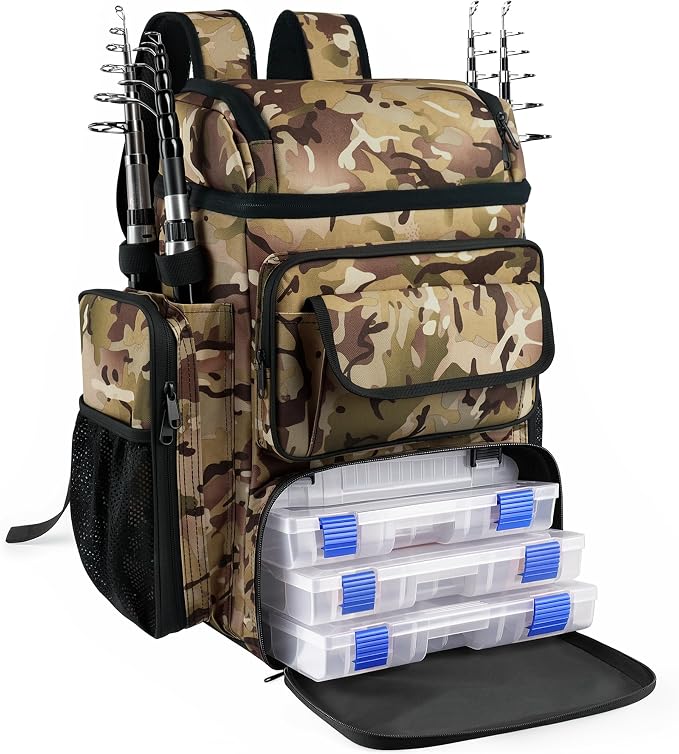 Fishing Tackle Backpack With Rod Holders,45L Large Tackle Bag & Fishing Tackle Backpack for Fishing,Camping, Hiking,Woodland Camouflage