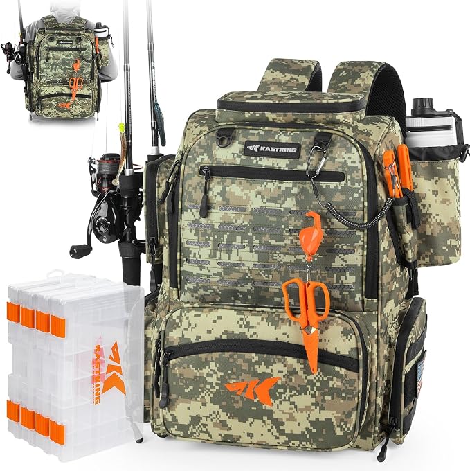 KastKing Bait Boss Fishing Tackle Backpack with Rod Holders-4 Tackle Boxes-Rain Cover,Storage for Fishing Gear