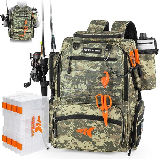 KastKing Bait Boss Fishing Tackle Backpack with Rod Holders-4 Tackle Boxes-Rain Cover,Storage for Fishing Gear