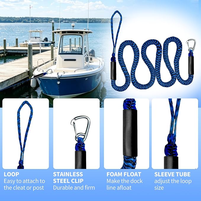 Bungee Dock Line with Stainless Steel Clip Boat Rope Mooring String with Foam Float for Docking,Kayak,Watercraft,SeaDoo,Pontoon,Canoe,Power Boat Accessory,7-10ft（Blue&Black,with One Hook）