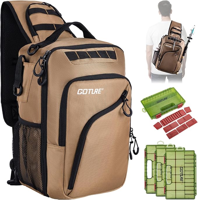 Goture Khaki Fishing Bag with Tackle Boxes, Crossbody Sling Tackle Backpack for Men, 20L Large Capacity Fits 3600 Trays, Durable Fishing Gear Storage, Best Fishing Gifts for Anglers