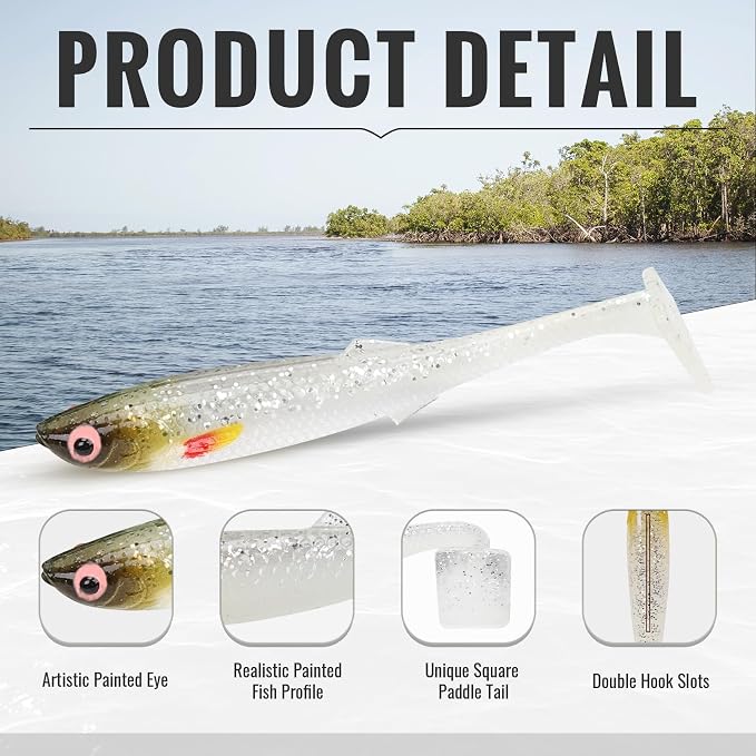 TRUSCEND Shadtale Easy Catch Soft Fishing Lures with BKK Hooks - Trembly Sinking and Vibrating Swim for More Bites, Pre-Rigged Swimbaits for Bass, Trout, Crappie, Walleye, Freshwater Saltwater Fishing