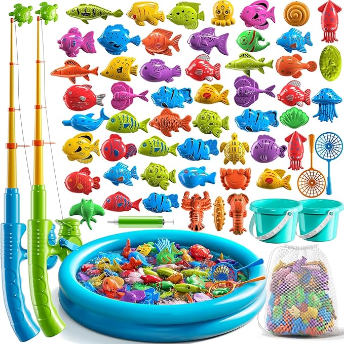 NIPLOOOW Pool Fishing Toys Games, Water Table Bathtub Toy with Inflatable Pool Pole Rod Net Plastic Floating Fish, Birthday Gifts for Kids Age 3 4 5 6 Year Old,Kids Outdoor Toys