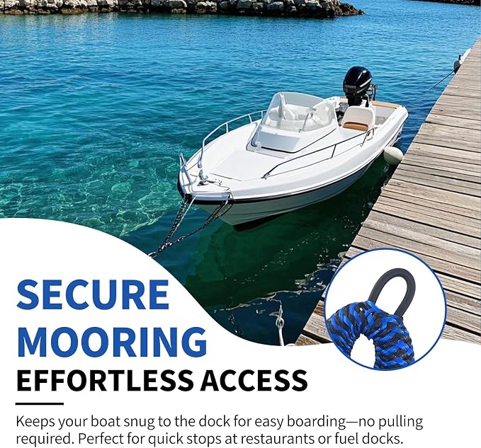 2-Pack Bungee Dock Lines for Boats with Loops, Boat Tie Downs for Docking, Adjustable Boat Mooring Rope for Pontoon, Jon Boat & PWC (Blue & Black Waves, 4 FT)