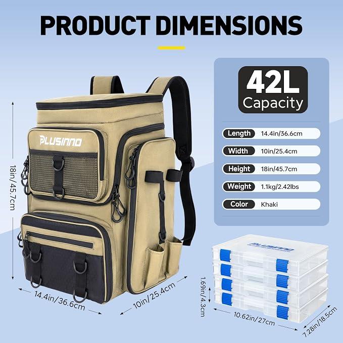 PLUSINNO Fishing Backpack with Rod Holders, 42L Large Water-Resistant Tackle Bag for Fishing, Camping, Hiking, Gifts, Khaki (4 Tackle Boxes Included), 36,6 x 25,4 x 45,7 cm, Sporty, functional