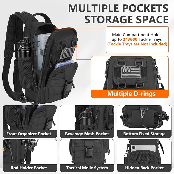 GMAK Fishing Backpack with Tackle Boxes, Fishing Sling Tackle Backpack Bag for Fish Gear With Rod Holder, Fish Kits Gifts for Men Women with Lures, Pliers, Lip Gripper, Black Kit