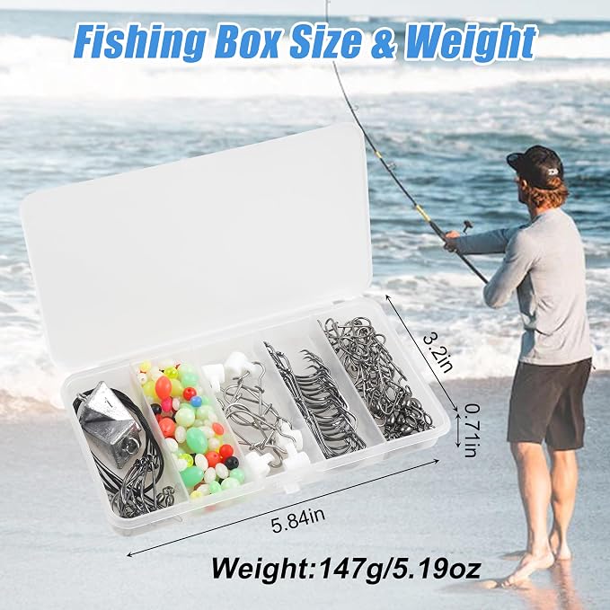 Saltwater Surf Starter Fishing Tackle Kit - 98pcs Surf Fishing Rig Fish Finder Rig Live Bait Rigs Pyramid Weights Fishing Hooks Swivels Sinker Slider Surf Begginner Fishing Tackle Accessories