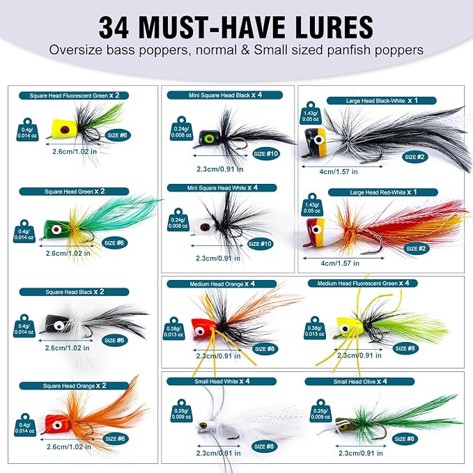 Goture Fly Fishing Poppers Lures, Topwater Popper Flies Bugs Lure, Fly Fish Poppers Fishing Lures Kit, Dry Flies for Panfish Bluegill Crappie Sunfish Bass Trout Salmon