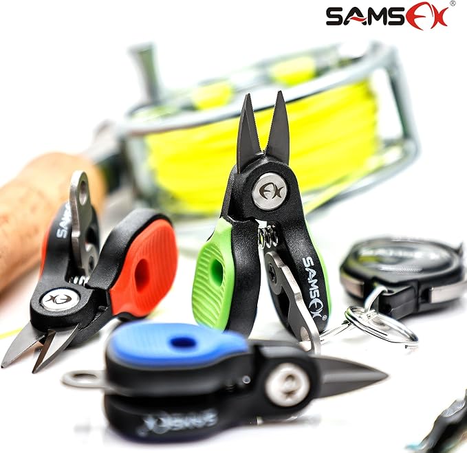 SAMSFX Fishing Nipper with Retractable Tether, Stainless Steel Blades that Cut Braid, Mono and Fluoro Lines, SNIP, Fishing Line Cutters (Green)