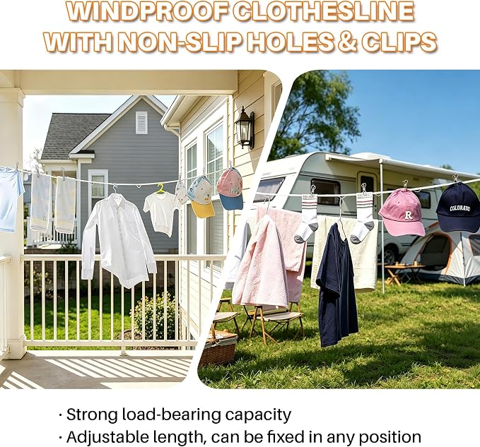 Portable Clothesline for Travel, Windproof Clothing line with Hang Hole, Outdoor & Indoor Laundry Drying with Clothes Clips Camping Accessories (White, 16.5 FT)