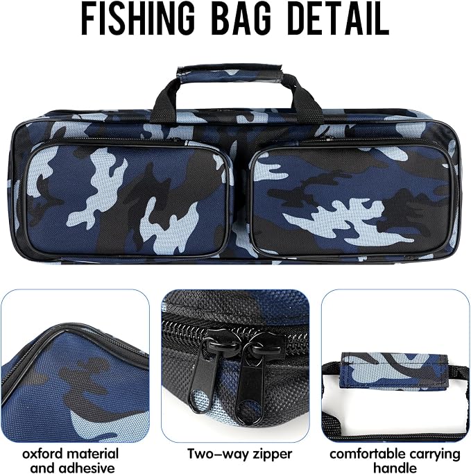 mouhike 17-inch Fishing Tackle Carrier Bag with 2 Front Storage Pockets for Telescopic Rod, Travel Large Capacity Carry Handbag for Collapsible Fishing Tool Accessory