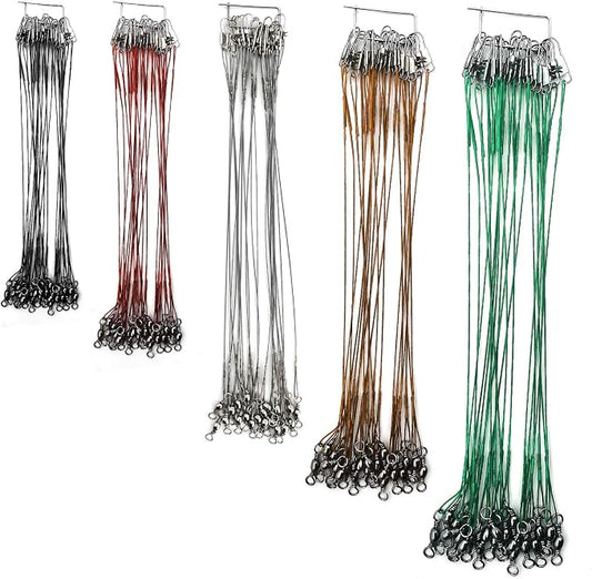 Stainless Steel Fishing Wire Leaders, Black Coated & Uncoated Options, Heavy Strength 31–100LB, 6–21in Multi Sizes with Rolling Swivels Snaps for Salt Fresh Water Shark Pike Barracuda