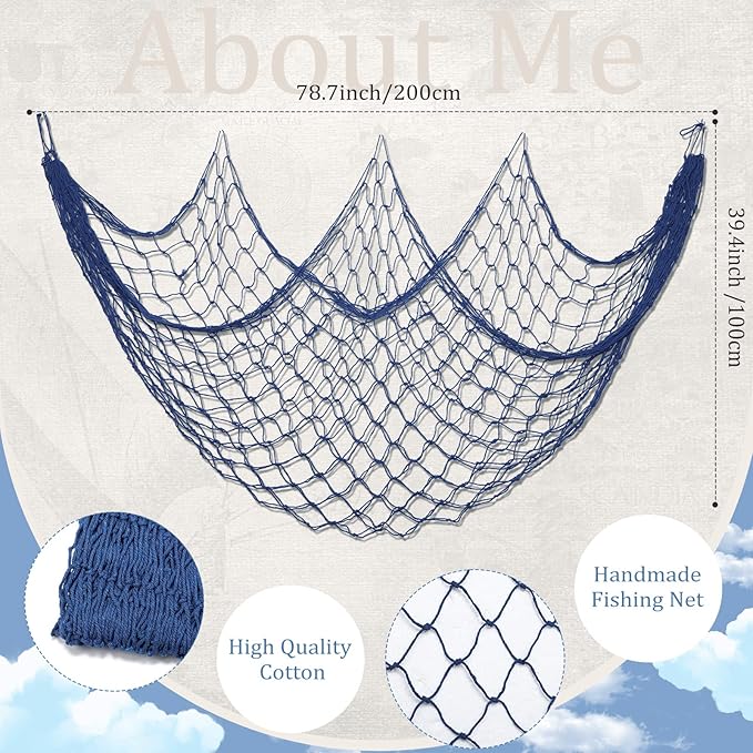 6 Pack Natural Fish Net Decorative Cotton Fishnet for Pirate, Mermaid, Nautical, Hawaii Luau Party, Ocean Themed Wall Hanging Beach Bash Decoration Supplies (Blue)