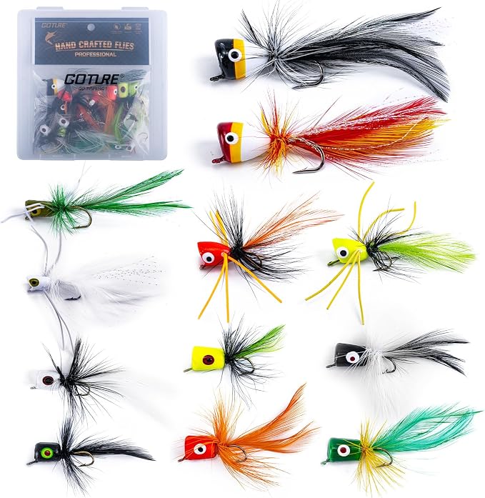 Goture Fly Fishing Poppers Lures, Topwater Popper Flies Bugs Lure, Fly Fish Poppers Fishing Lures Kit, Dry Flies for Panfish Bluegill Crappie Sunfish Bass Trout Salmon