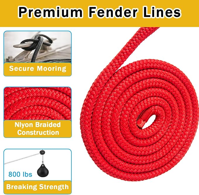 2 Pack 3/8'' x 6' Boat Fender Lines for Mooring, Docking Ties & Small Boat,Premium Marine- Grade Double Braided Nylon Boat Rope with a 5" Eyelet,Anti-Wear & Weather-Resistant-Red